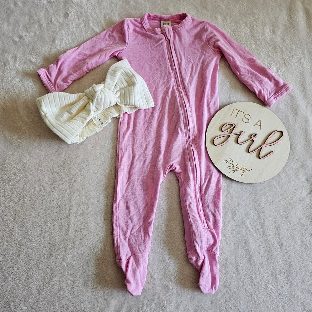 Kate Quinn Newborn Pink Footie Zippy Sleeper EUC Coconut Bow Bamboo